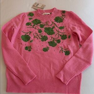 Boden NWT Rare Pink Sweater with Green Beading $154 orig.